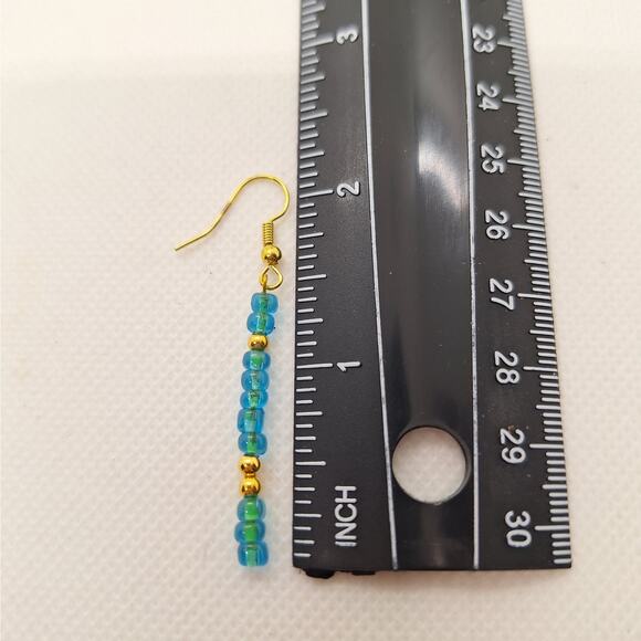 Long Dangle Seed Bead Earrings Set of  3 - Lime Green, White/Gold, Teal. - Picture 5 of 5